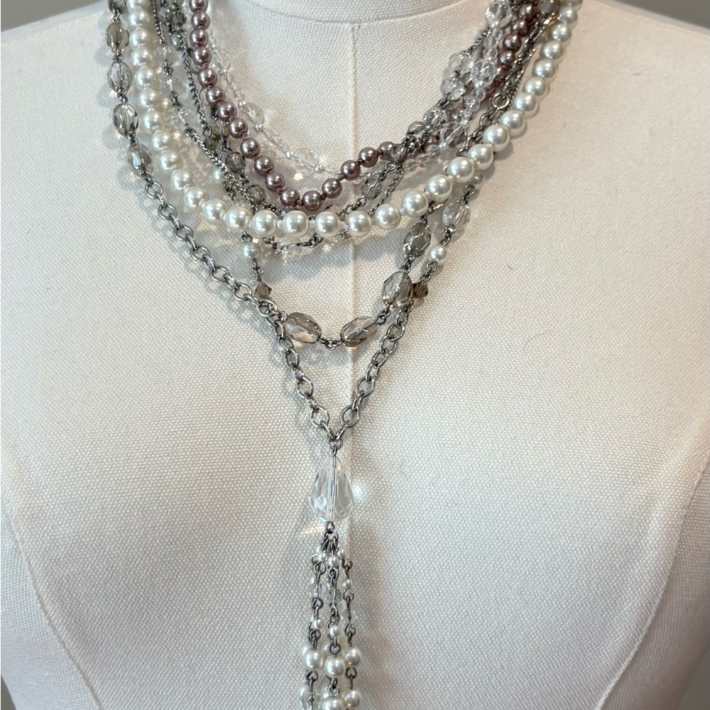 White House Black Market Pearl and Silver Layered Necklace